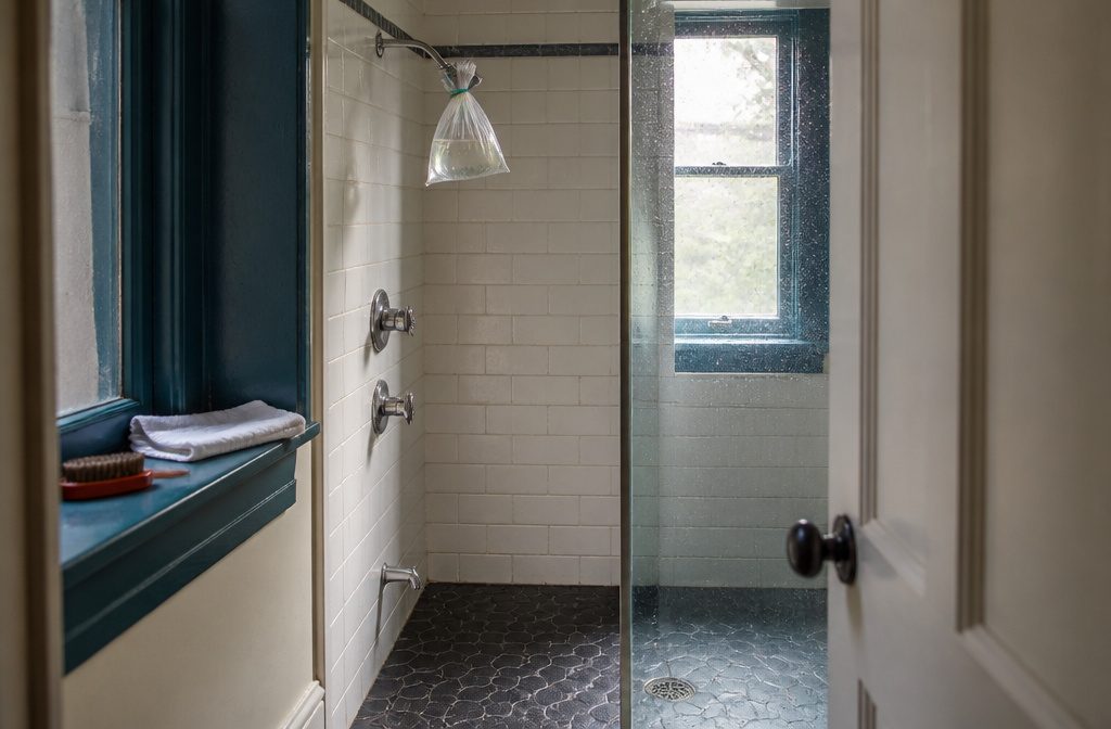 Shower with tiled walls glass doors and metal fixtures