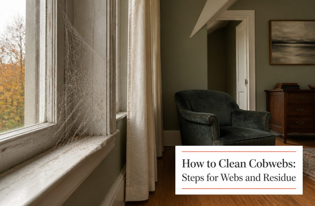 Dusty cobwebs gathered in a high ceiling corner above a long-handled duster