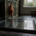 Oven door with dark glass, scattered crumbs and a cloth on the counter