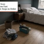 Bedroom cleaning checklist beside a tidy bed and cleaning supplies