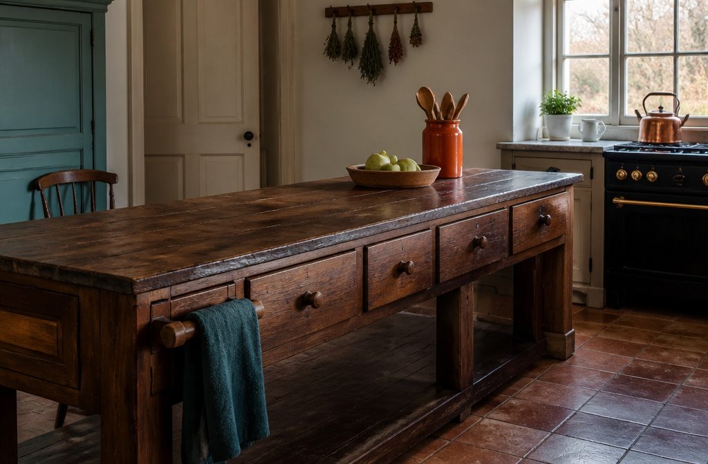 Kitchen island with a wooden tray flowers fruit and cooking tools