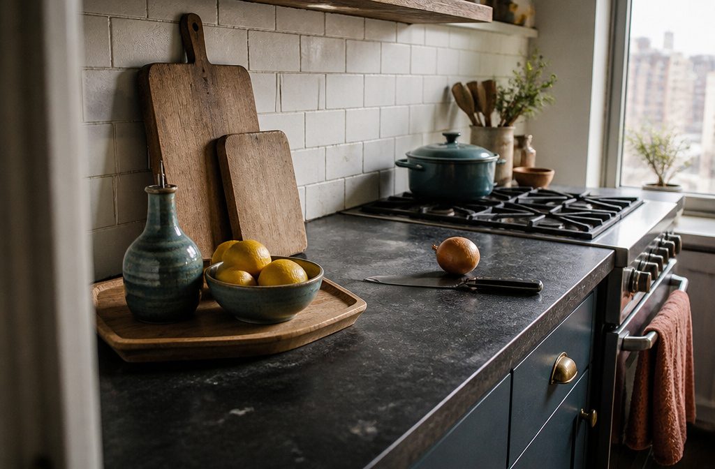 Kitchen counter with everyday items arranged beside a small decorative grouping