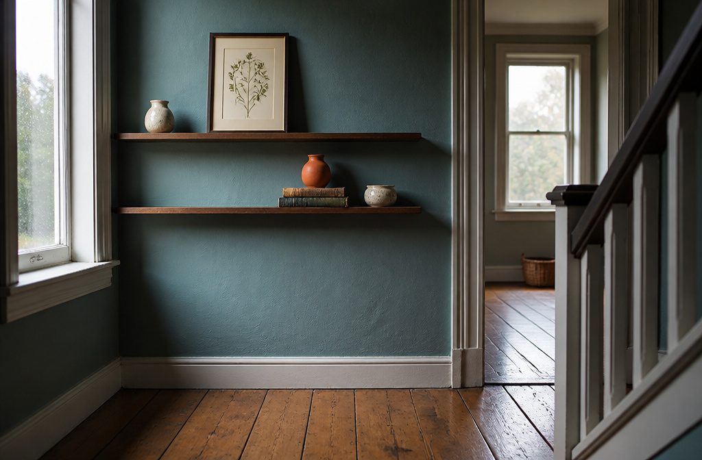 Wood wall shelves with books, framed art, trailing greenery, and small decorative objects