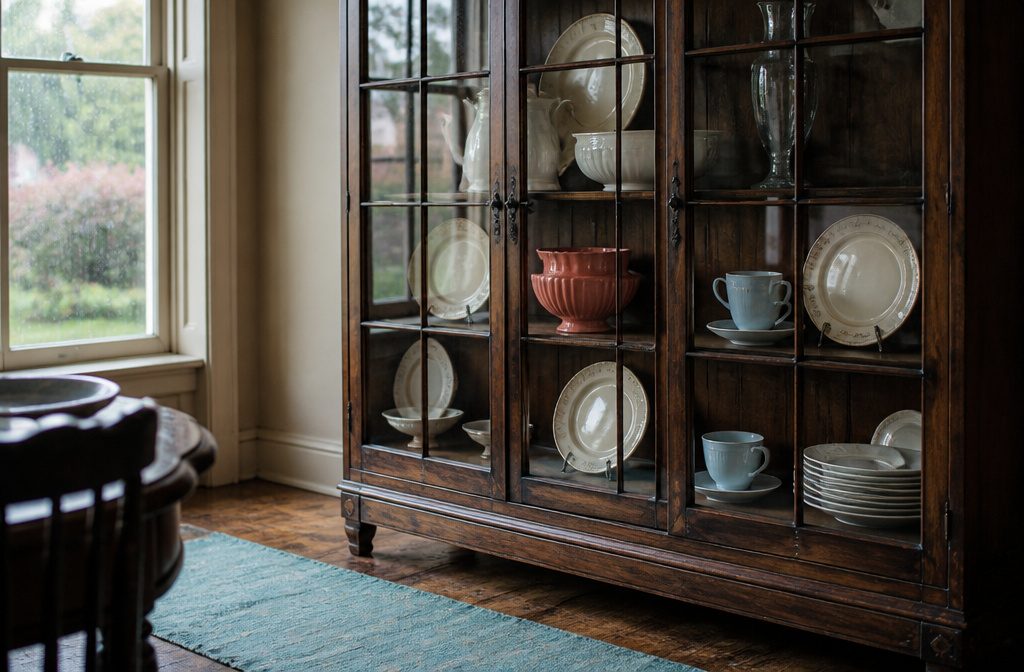 China cabinet with displayed dishes and personal keepsakes on its shelves