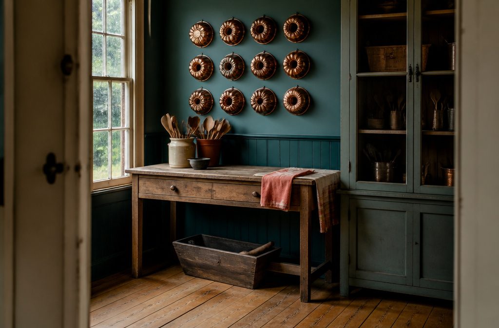 Vintage kitchen utensils arranged among everyday items in a working kitchen
