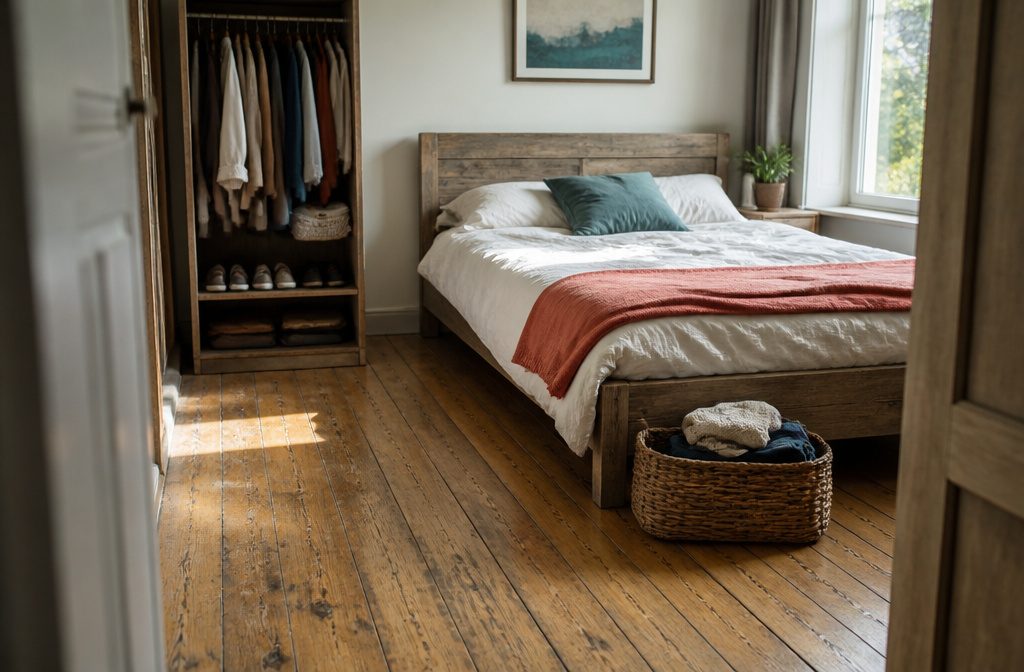 Bedroom with a made bed, clear bedside table, and laundry basket near the window