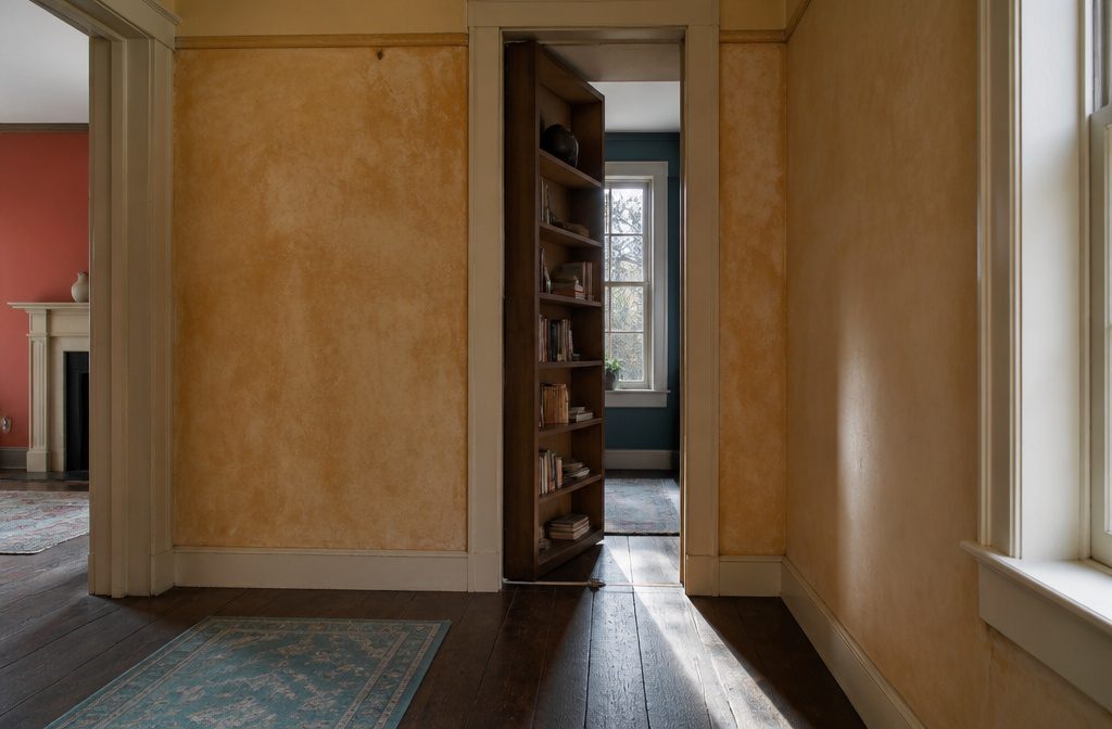 Full-height bookcase door opens onto an empty room with reinforced wall layers and a communication unit