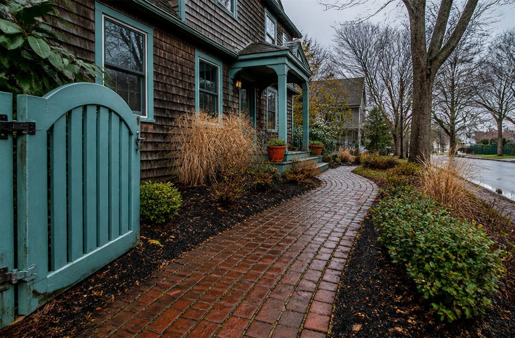 House exterior seen from the street with the front entry and yard in view