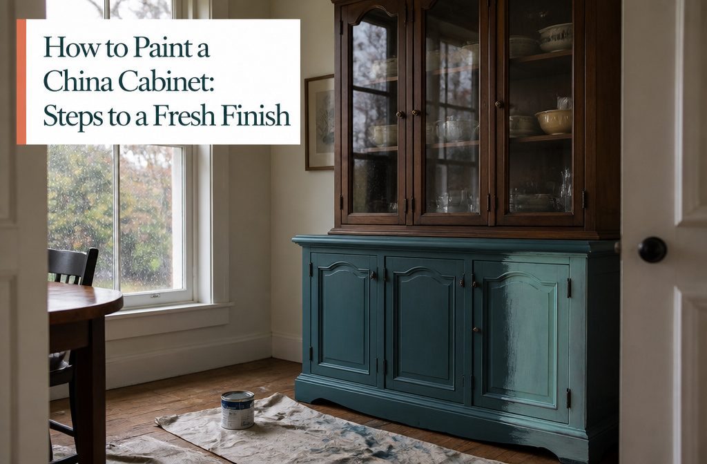 China cabinet with dark painted trim and light interior