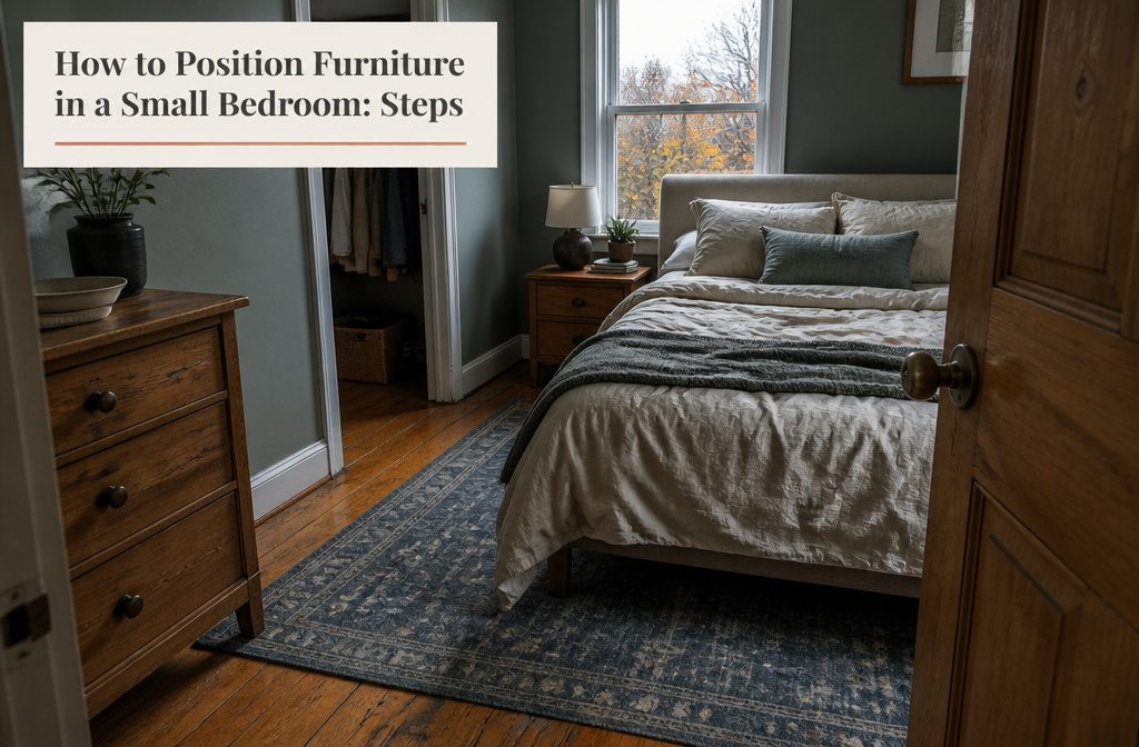 Small bedroom with a bed and furniture arranged around open floor space