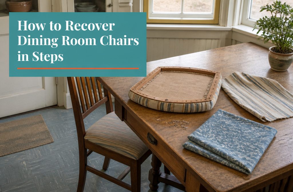 Dining chair with new upholstery beside a staple gun fabric and screws