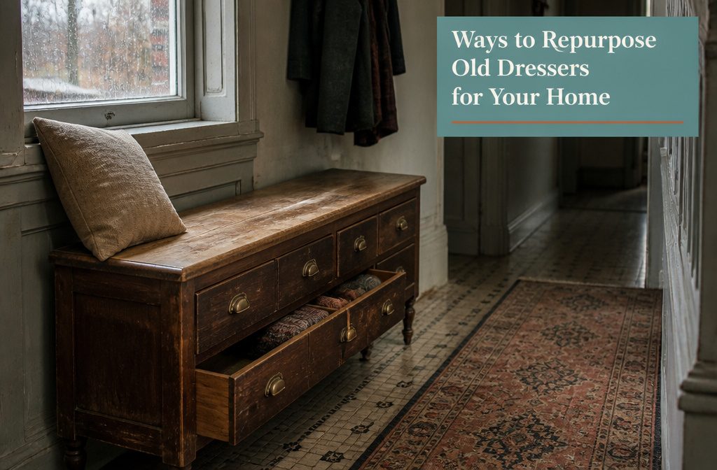 Old wooden dresser with drawers and simple hardware