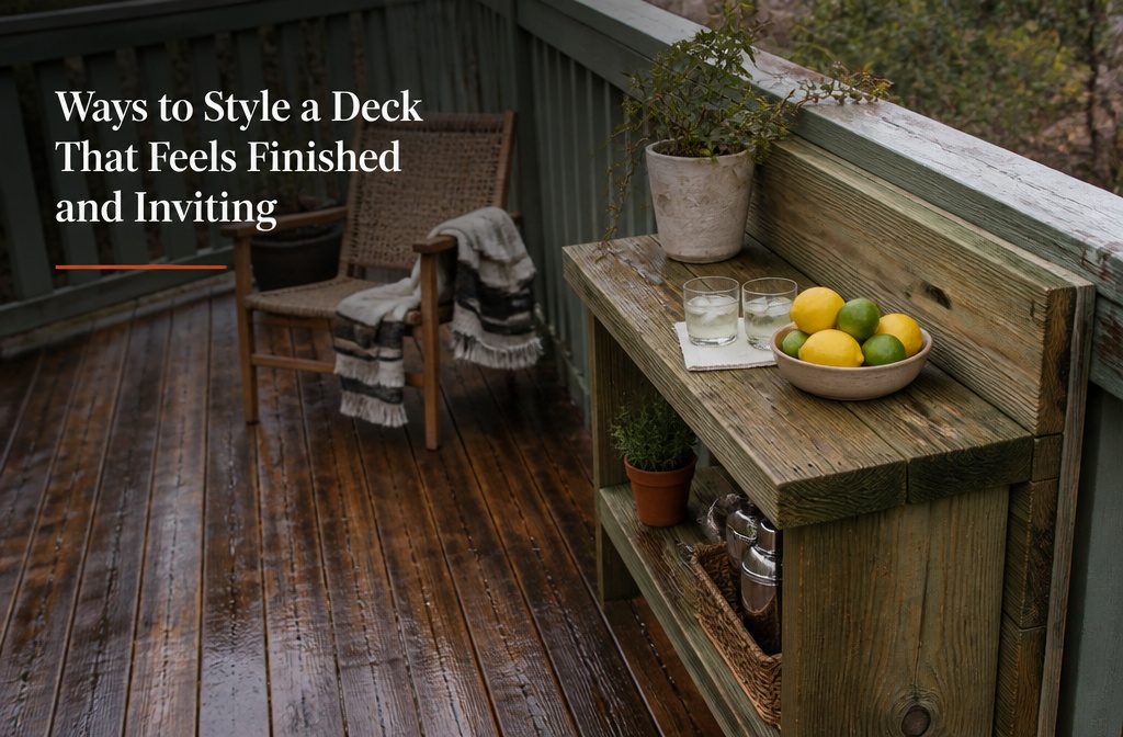 Outdoor deck with lounge seating plants and a small table