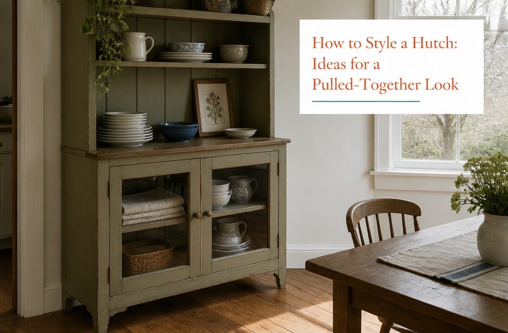 Dining room hutch with dishes and decorative objects arranged on open shelves