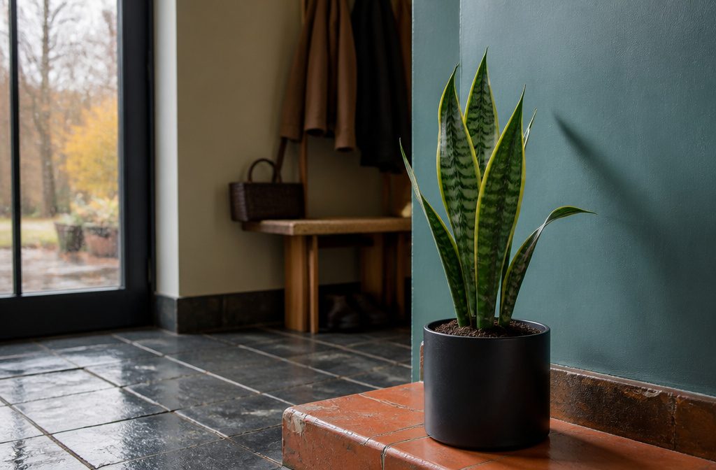 Snake plant with upright green leaves marked by lighter horizontal bands