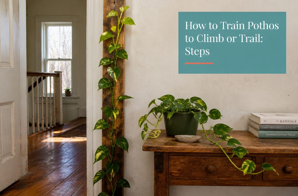 Pothos vine climbing a rough support pole with aerial roots touching the surface