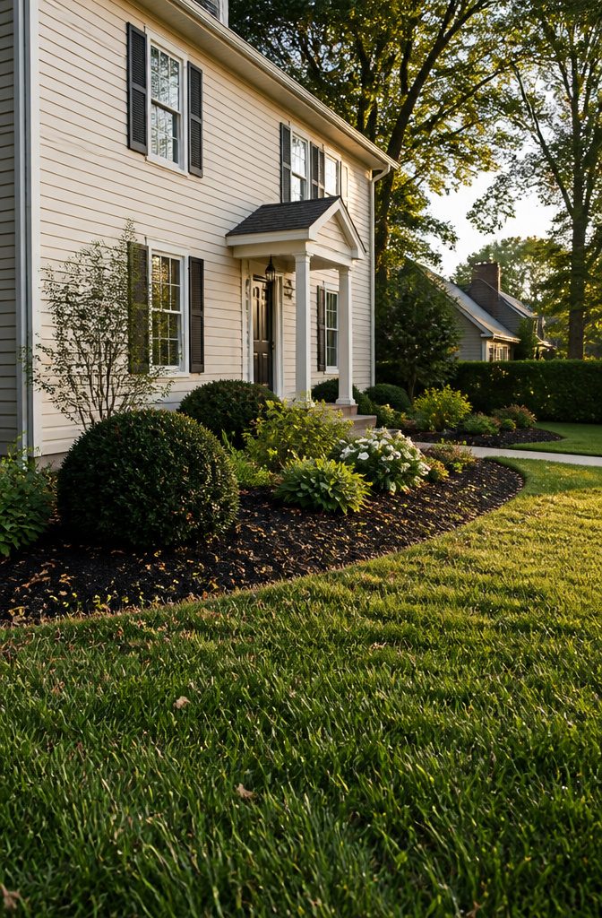 Front yard with trimmed shrubs edged lawn and mulched planting beds