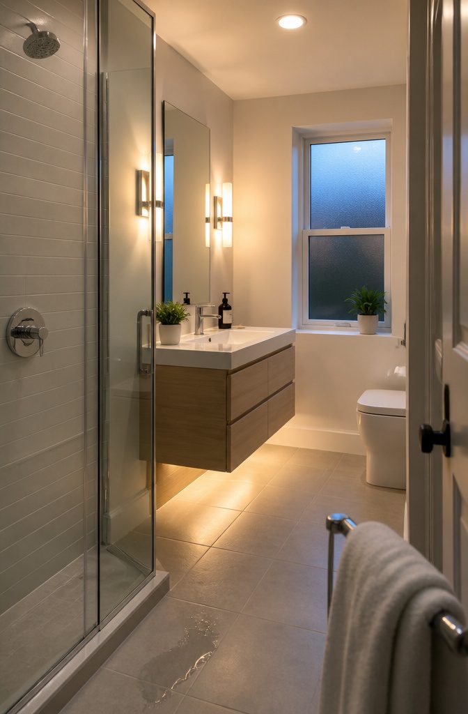 19 Ways to Decorate a Small Bathroom That Make It Work 7 Bathroom vanity lit by sconces ceiling light and an LED strip below