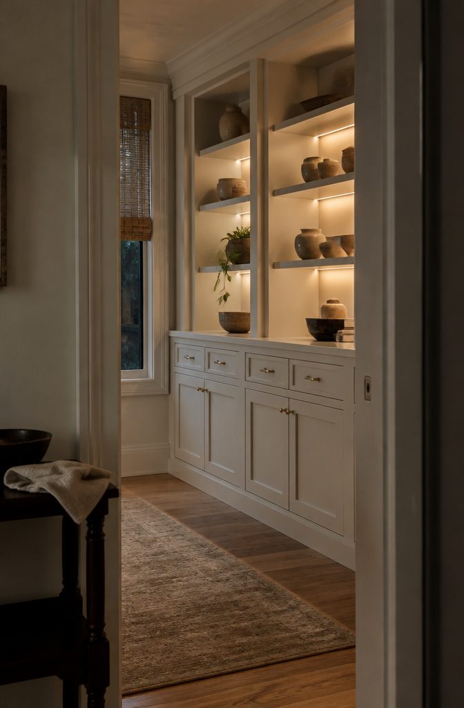 How to Build Built-In Cabinets: 10 Steps from Base to Finish 11 Cabinet doors with brass pulls and warm LED strips behind shelf fronts