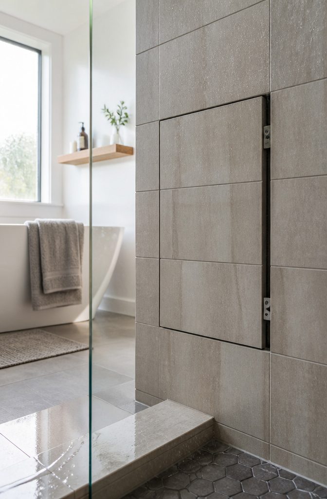 Tile-integrated access hatch with visible adjustment screws in a shower wall