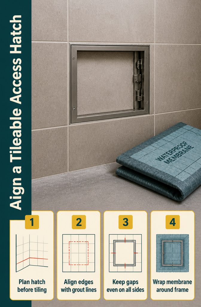 Tileable access hatch aligned with grout lines on a tiled wall