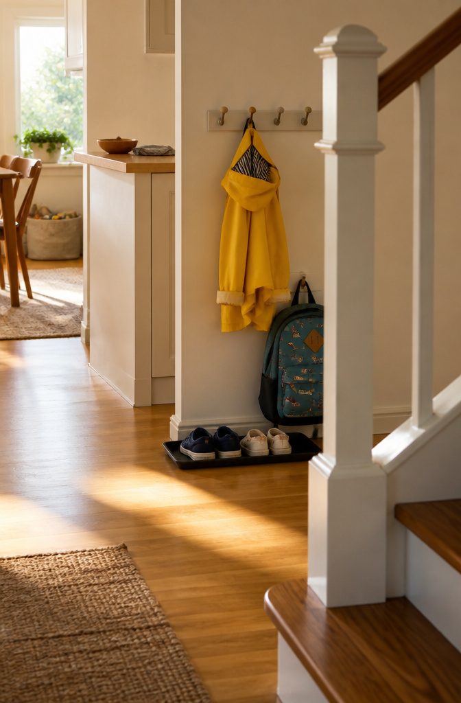 Family entryway with a small coat on a low hook and shoes on a tray