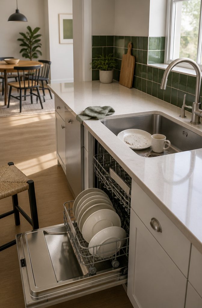 Kitchen with a saucepan on the stove and wooden spoon on a plate