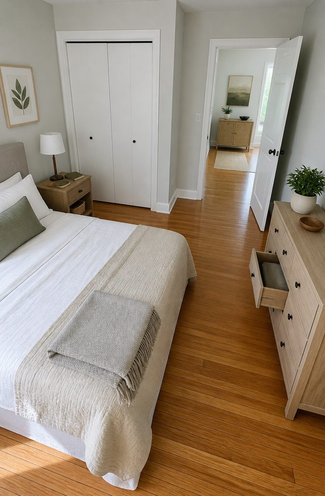 Bedroom walkway connecting the door, bed, and closet past nearby furniture