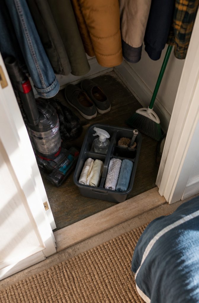 How to Be Motivated to Clean Your Room: 19 Methods 5 Cleaning caddy with cloths spray bottle and tools stored near a bedroom