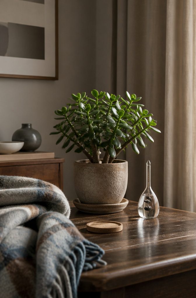 How to Care for a Jade Plant: 8 Steps for Healthy Growth 5 Jade plant on wooden table beside a glass thermometer and folded throw