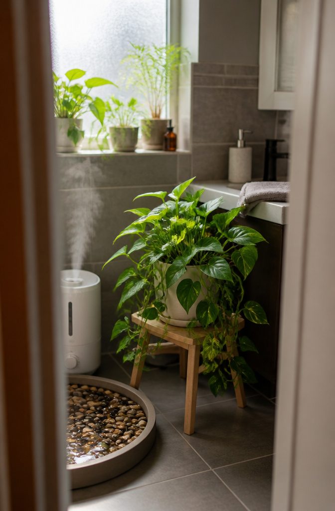 How to Care for Pothos: 7 Steps for Healthy Indoor Vines 5 Pothos on a wooden stand beside a humidifier and water-filled pebble tray