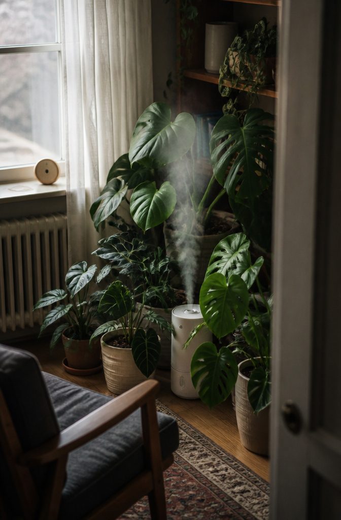 How to Grow Indoor Plants: 6 Steps for Healthy Houseplants 6 Potted tropical houseplants grouped around humidifier and small thermometer