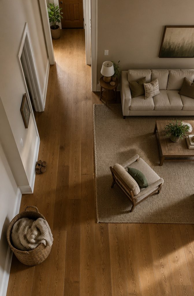 Living room furniture arranged beside a clear passage between doorways