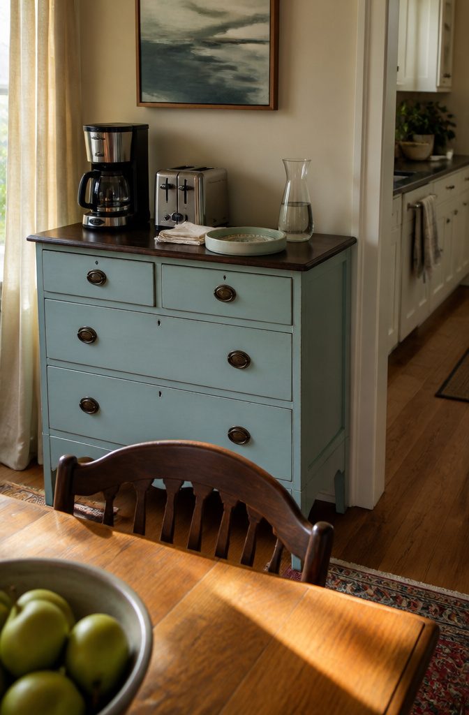 10 Ways to Repurpose Old Dressers for Your Home 7 Aqua and white dresser buffet topped with coffee maker and toaster