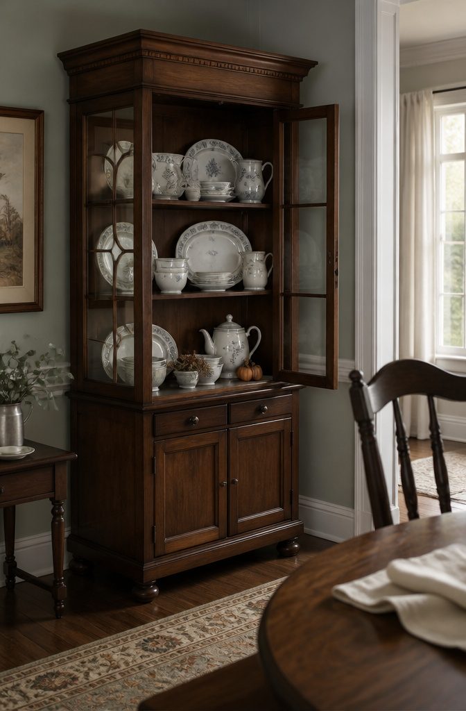 China cabinet shelf layered with tall pieces behind cups and bowls