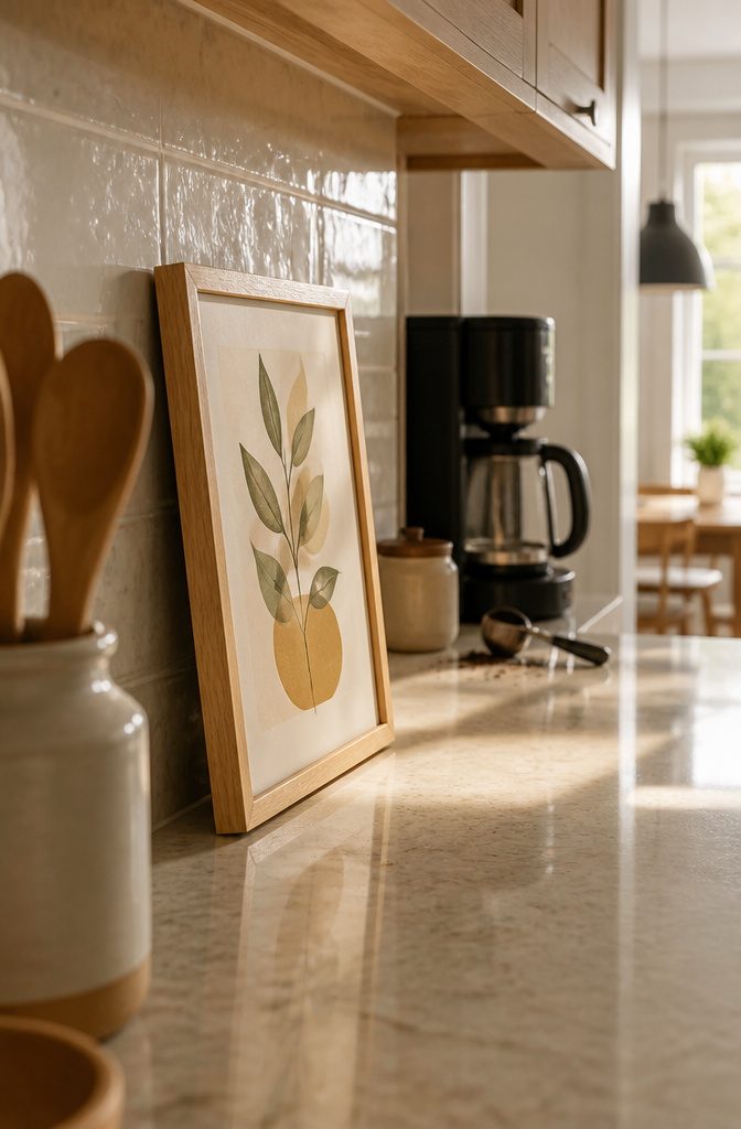 15 Ways to Decorate Your Kitchen Counters Without Clutter 9 Small framed nature print leaning against a kitchen backsplash