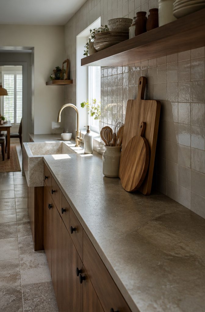 15 Ways to Decorate Your Kitchen Counters Without Clutter 7 Two wooden serving boards leaning against a kitchen backsplash