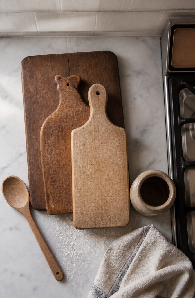 Vintage cutting boards leaned and stacked in layers