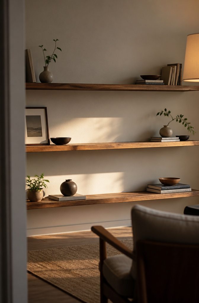 Wall shelf with separated groups of books, a vase, and framed art