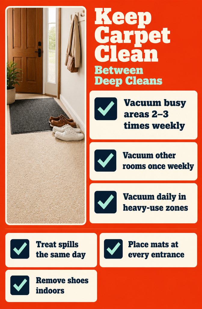 How to Clean Carpet at Home: 7 Steps That Work 8 Carpet maintenance graphic with cleaning advice in a furnished home interior