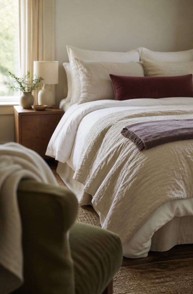 12 Ways to Decorate a Guest Bedroom That Feels Welcoming 2 Guest bed with linen sheets duvet quilt velvet throw and four pillows