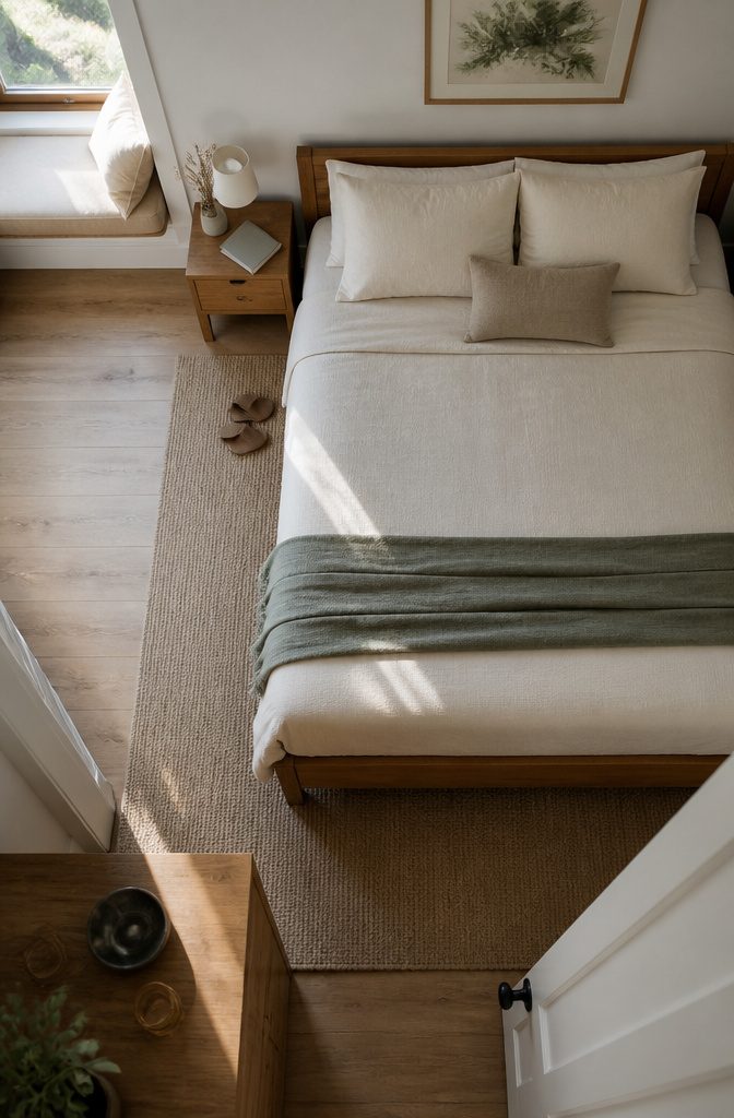 Bedroom with a neatly made bed and smooth covers
