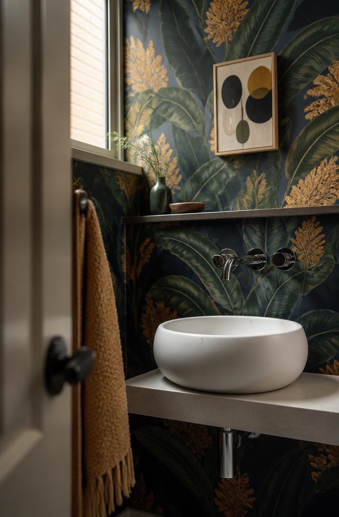 19 Ways to Decorate a Small Bathroom That Make It Work 11 Small powder room with bold patterned wallpaper and a distinctive sink