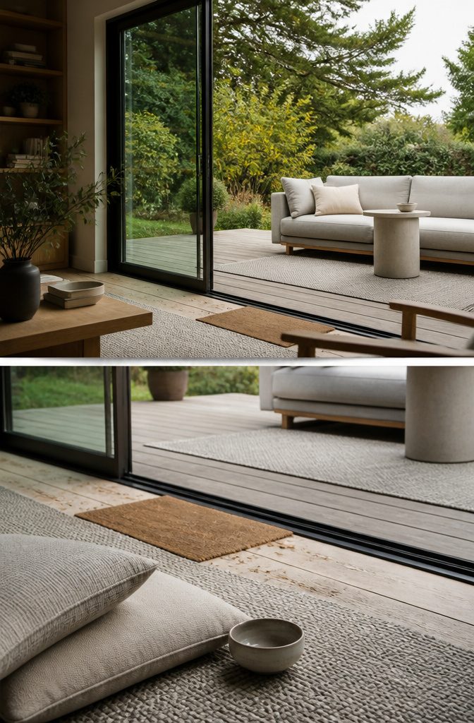Gray deck beside a home with sliding glass doors