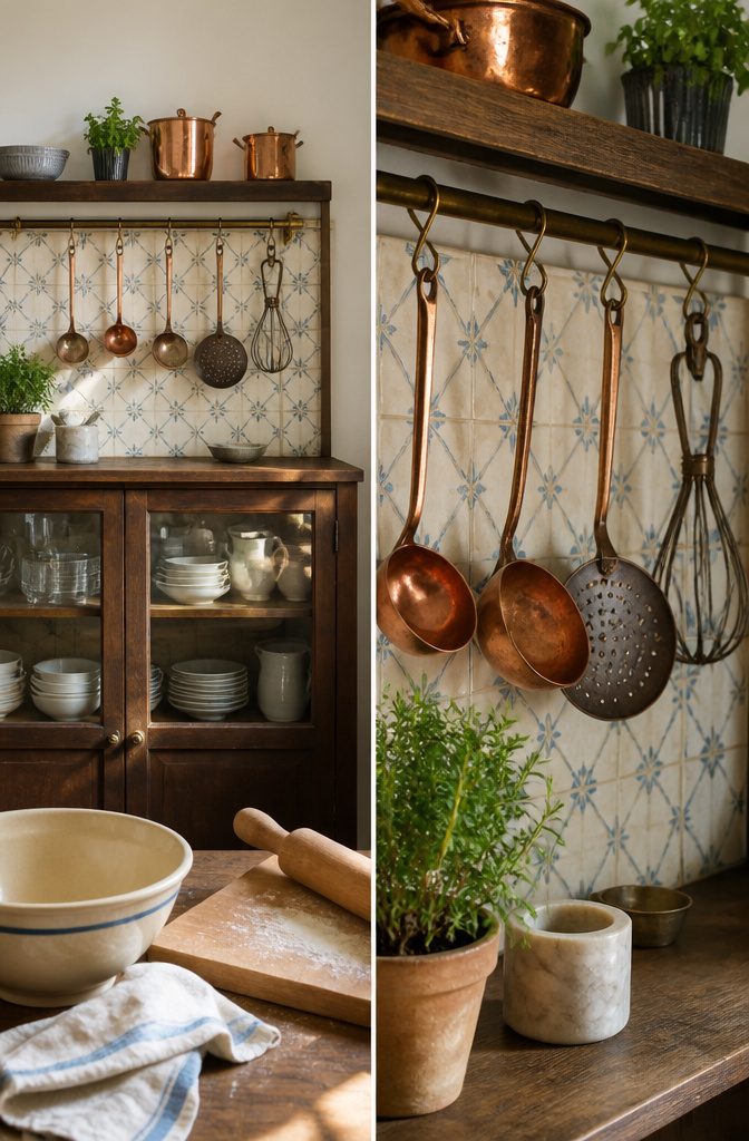 Vintage kitchen utensils arranged within easy reach in a working kitchen