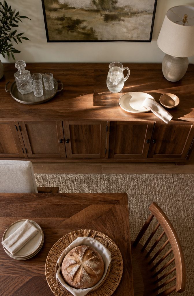 10 Ways to Style a Dining Room Buffet That Looks Considered 6 Dining room buffet with decor arranged to one side and open space for serving