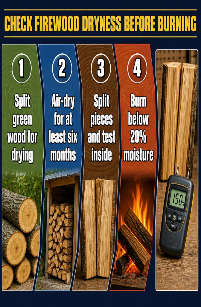 How to Store Wood: 7 Steps for Proper Firewood Storage 6 Moisture meter checking a split firewood log beside stacked wood