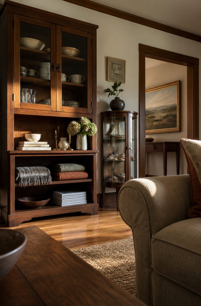 China cabinet in a furnished room holding dishes and personal objects