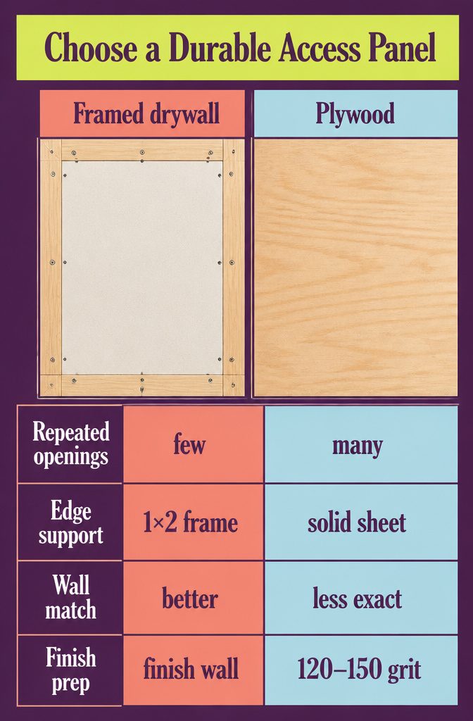 Drywall access panel with 1×2 boards framing its perimeter