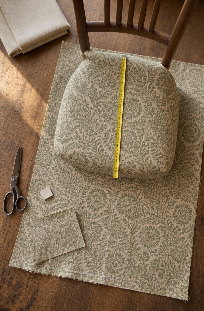 Old chair fabric laid over new patterned fabric on a work surface
